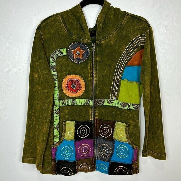 Rising International Bohemian Hippie Green Cotton Patchwork Zip Hoodie Size S - Picture 1 of 9